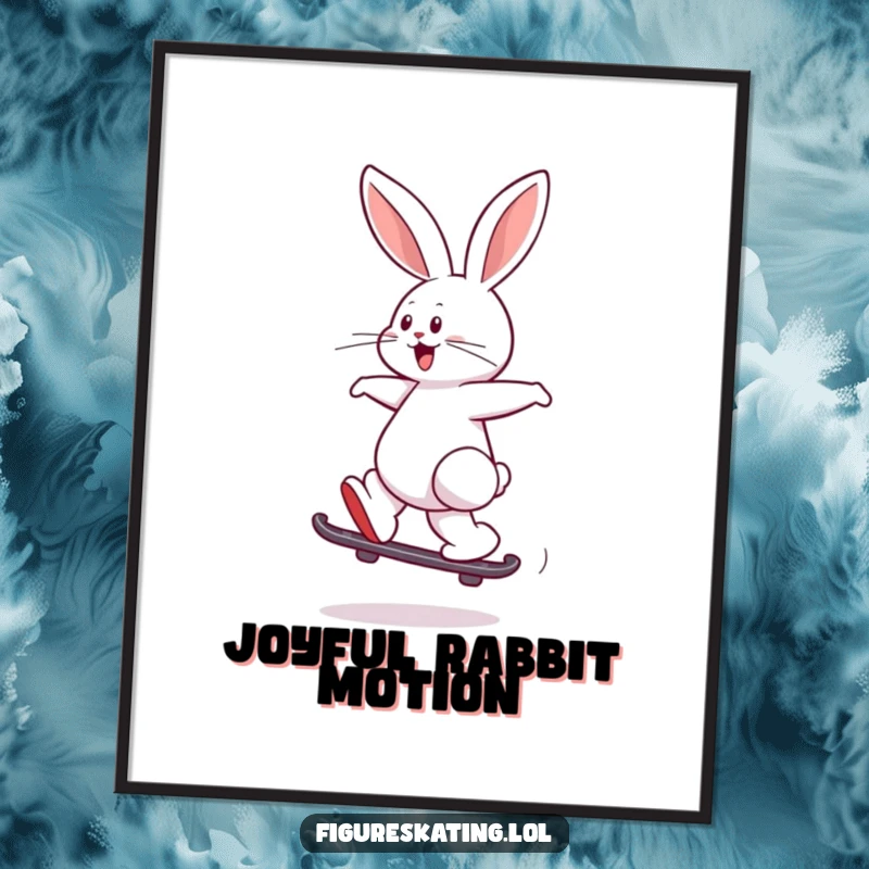 Funny digital art of a playful rabbit joyfully leaping while skating backward, perfect for printable wall decor.