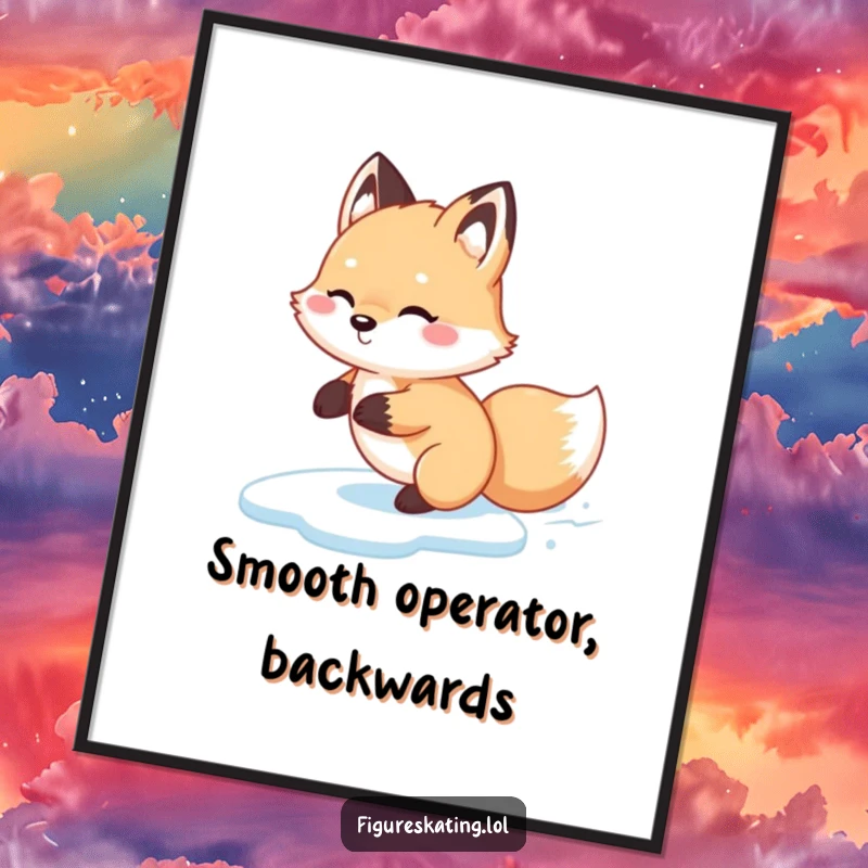 Funny Fox Glide Digital Art Print, showing a fluffy fox happily gliding backwards on ice, offering instant winter charm and humor.