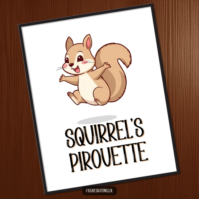 Funny digital art of a cheerful squirrel landing a perfect spin on one foot, perfect for printable wall decor.
