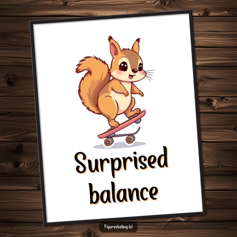 Funny digital art print of a squirrel looking surprised while balancing on a skate, ideal for instant humorous decor.