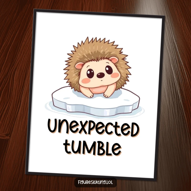 Funny Hedgehog Ice Slip Digital Art Print: A tiny hedgehog comically slipping on ice, looking surprised, high-resolution humor.