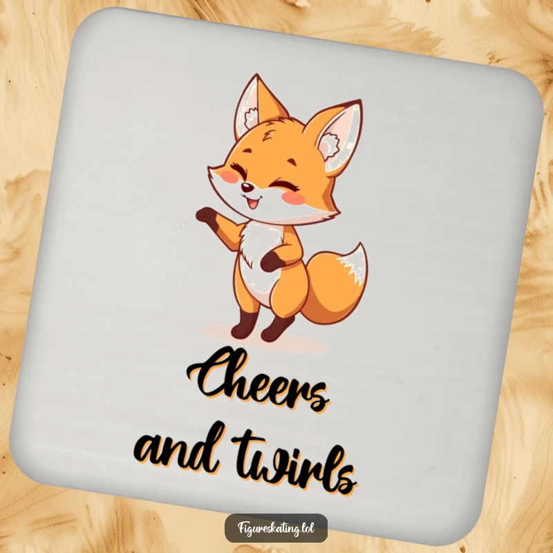 Funny fox coaster showing a playful fox pirouetting with a wink, adding a touch of humor and protection to any tabletop.