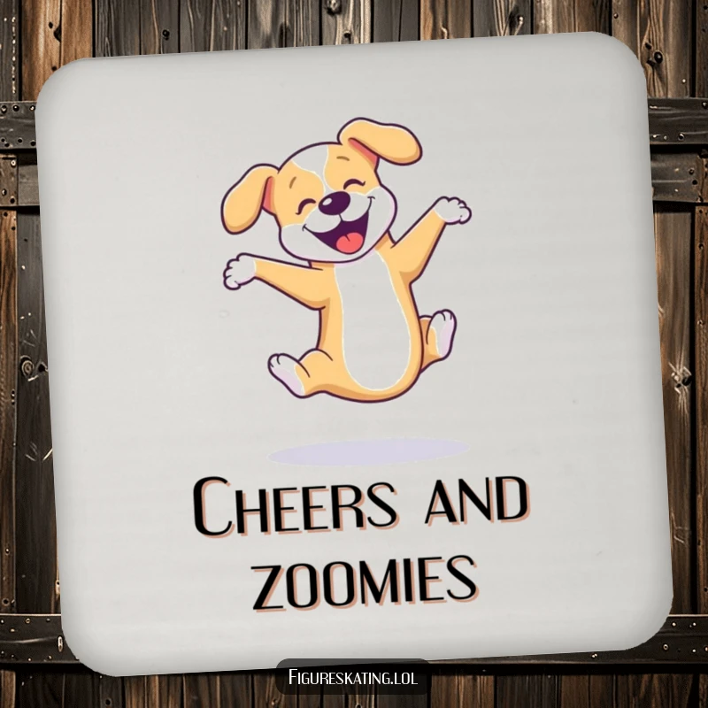 Funny dog ice skating drink coaster featuring a playful dog mid-triple axel, adding a humorous and athletic touch to beverage service.
