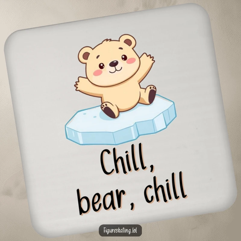 Funny bear cub ice skating coasters showing a curious cub sliding on ice with arms outstretched, for humorous and practical surface protection.