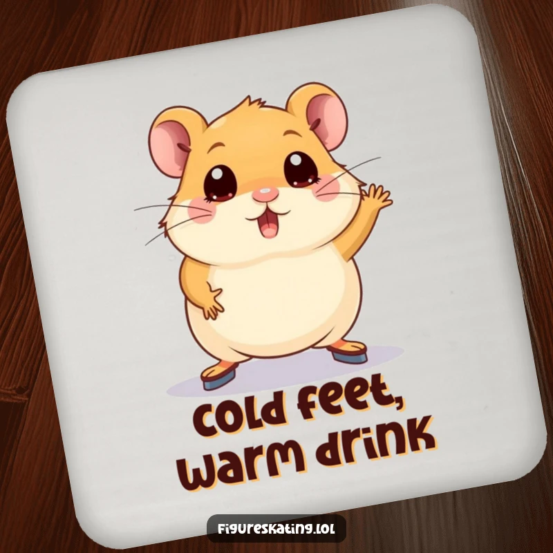 Funny hamster coasters with a plump hamster wide-eyed, attempting a figure skating pose, great for humorous surface protection.