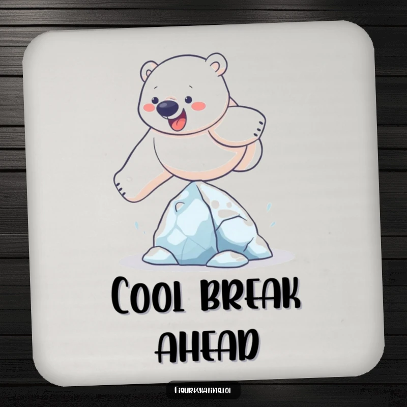 Funny polar bear coaster depicting a determined bear humorously leaping over a small ice sculpture, for protecting tables with style.