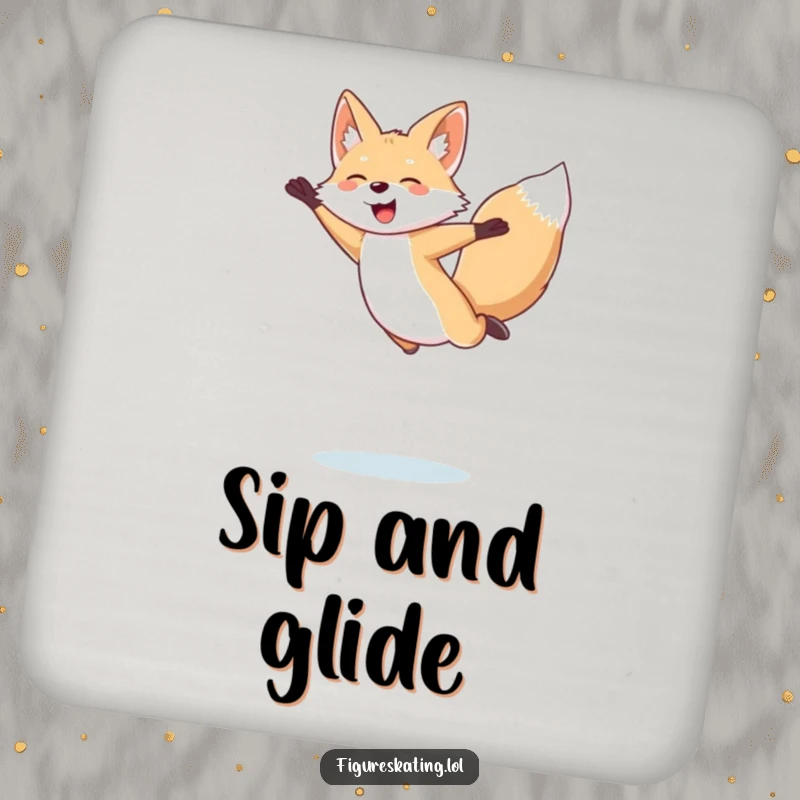 Funny Arctic Fox Coaster: Giggling arctic fox performing a figure skating jump, adding a humorous and artistic touch to any table.