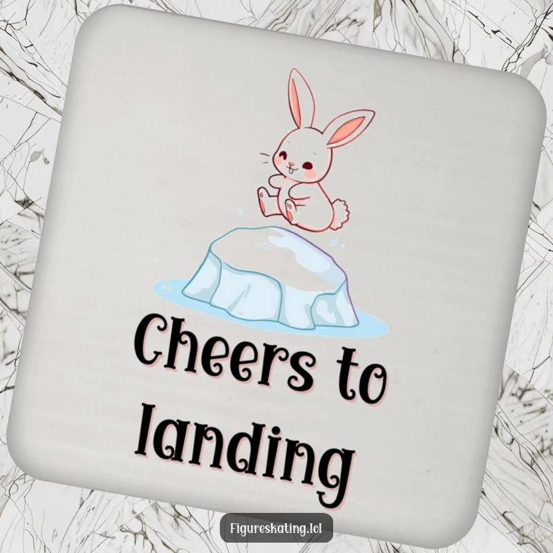 Funny bunny gracefully leaping from an ice patch on a drink coaster, adding a playful and humorous touch.