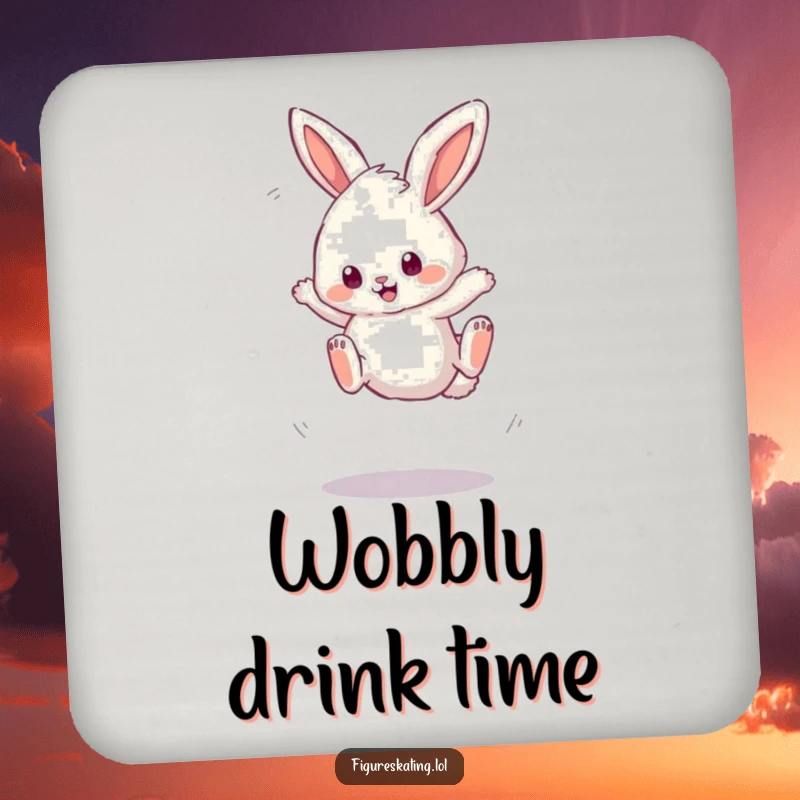 Funny drink coaster with a fluffy bunny attempting a wobbly triple jump, offering playful protection and endearing humor.