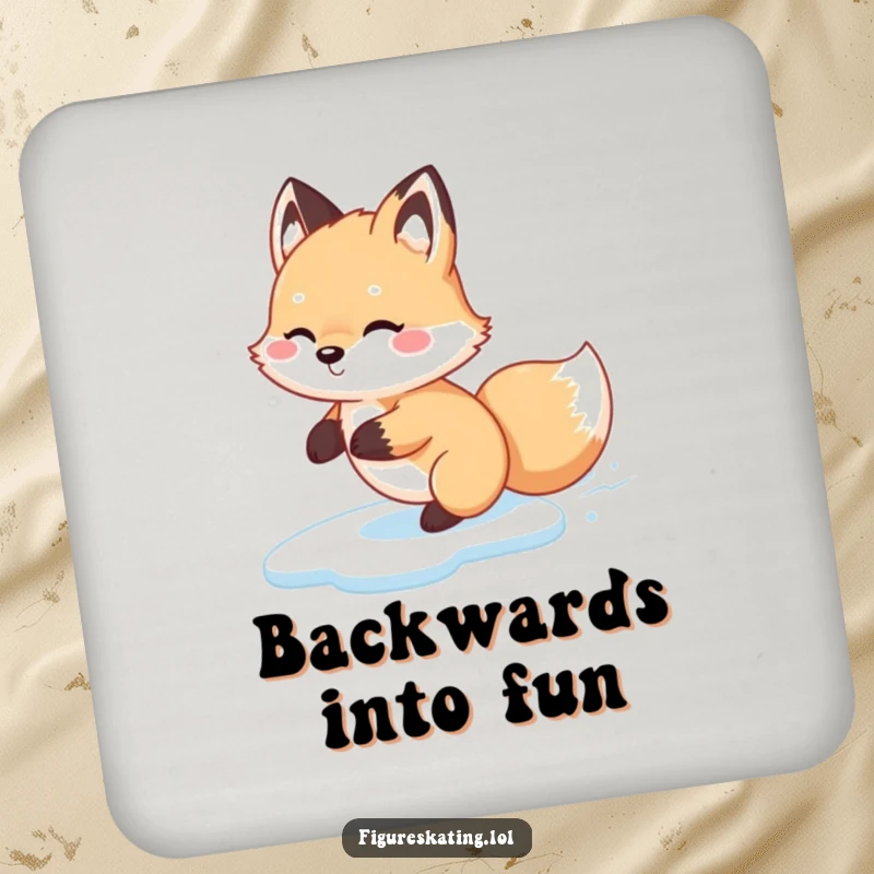 Funny Fox Glide Drink Coaster, featuring a fluffy fox happily gliding backwards on ice, protecting surfaces with winter humor.