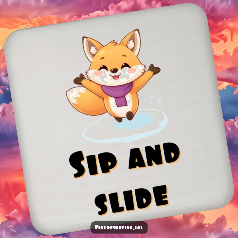 Funny fox ice skating coasters, showcasing a whimsical fox in a dynamic ice skating pose, adding a humorous element to drink protection.