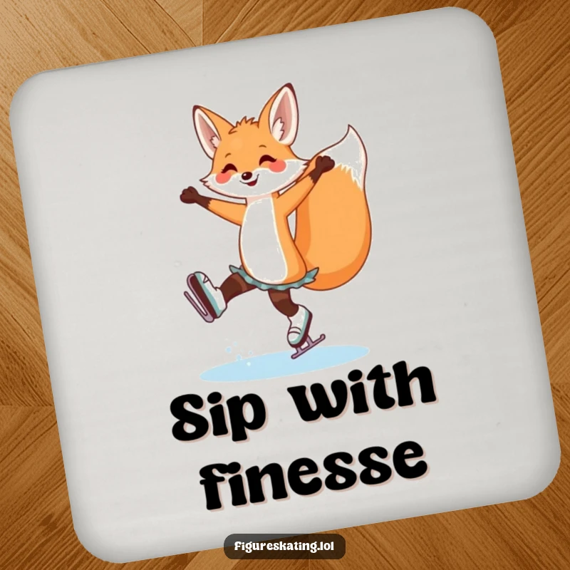 Funny fox ice skating drink coaster featuring a graceful fox in an arabesque, adding artistic and humorous flair to beverage service.