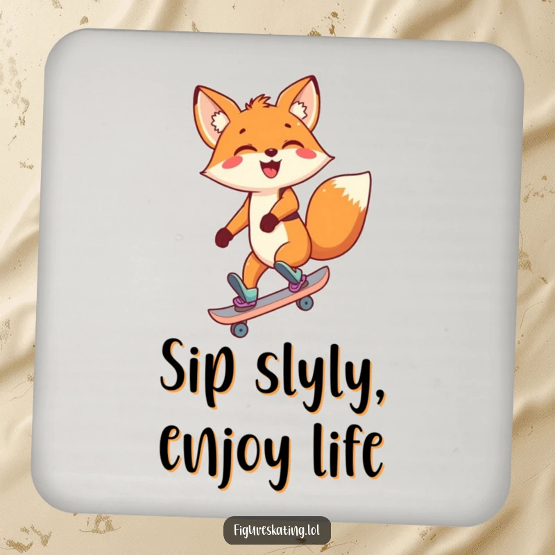 Funny Fox Coaster featuring a delighted cartoon fox skating backward with a big smile, protecting surfaces with humor.