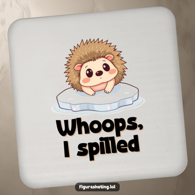 Funny Hedgehog Ice Slip Coaster: A tiny hedgehog comically slipping on ice, protecting surfaces with humor.