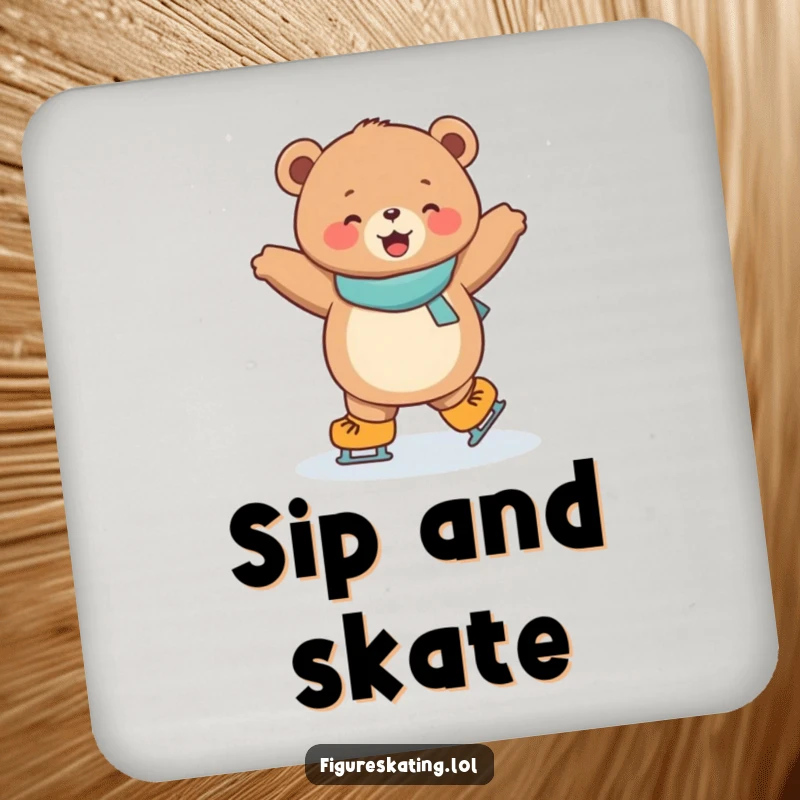 Funny drink coaster with a joyful, round bear cub spinning on ice skates, protecting surfaces with cheer.