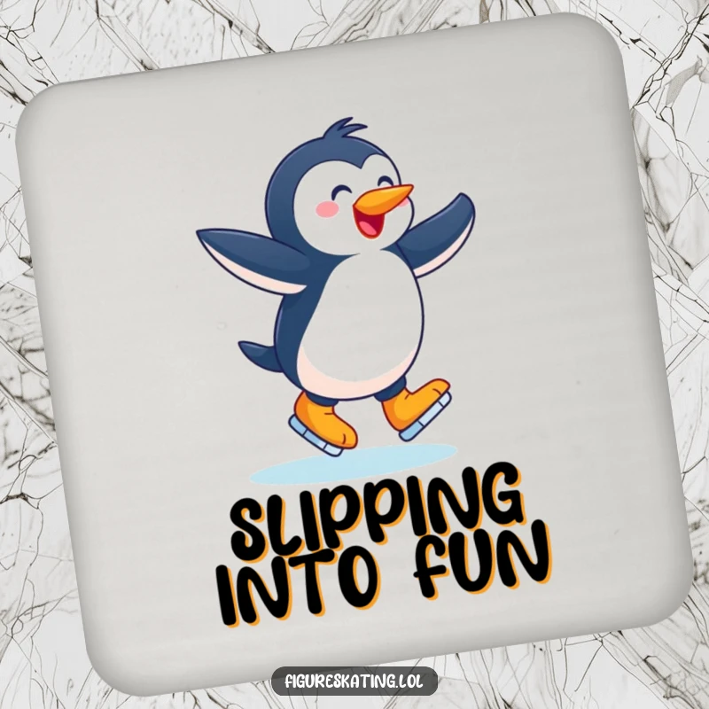 Funny drink coaster, joyful penguin twirling with arms outstretched on ice skates, adding a touch of winter humor.