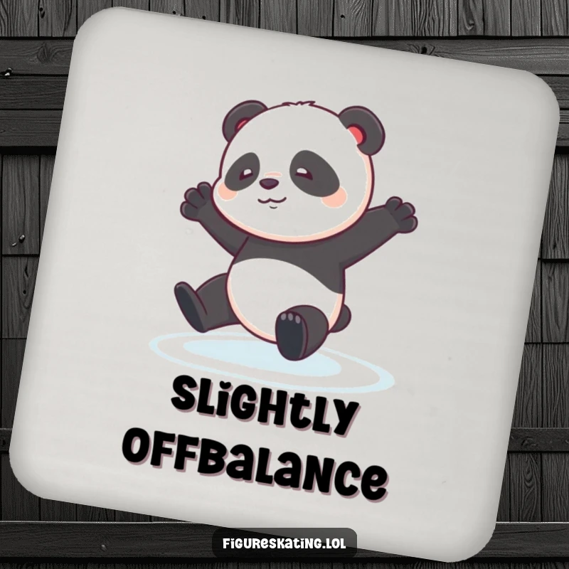 Funny Panda Pirouette Coaster: A contented panda cub stumbling slightly during an ice pirouette, protecting surfaces with humor.