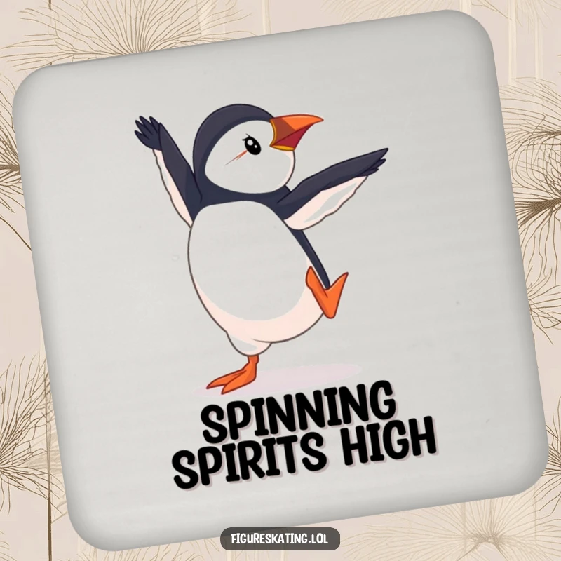 Funny Puffin Pirouette Drink Coaster, featuring a determined puffin in an elegant pirouette, protecting surfaces with artistic humor.
