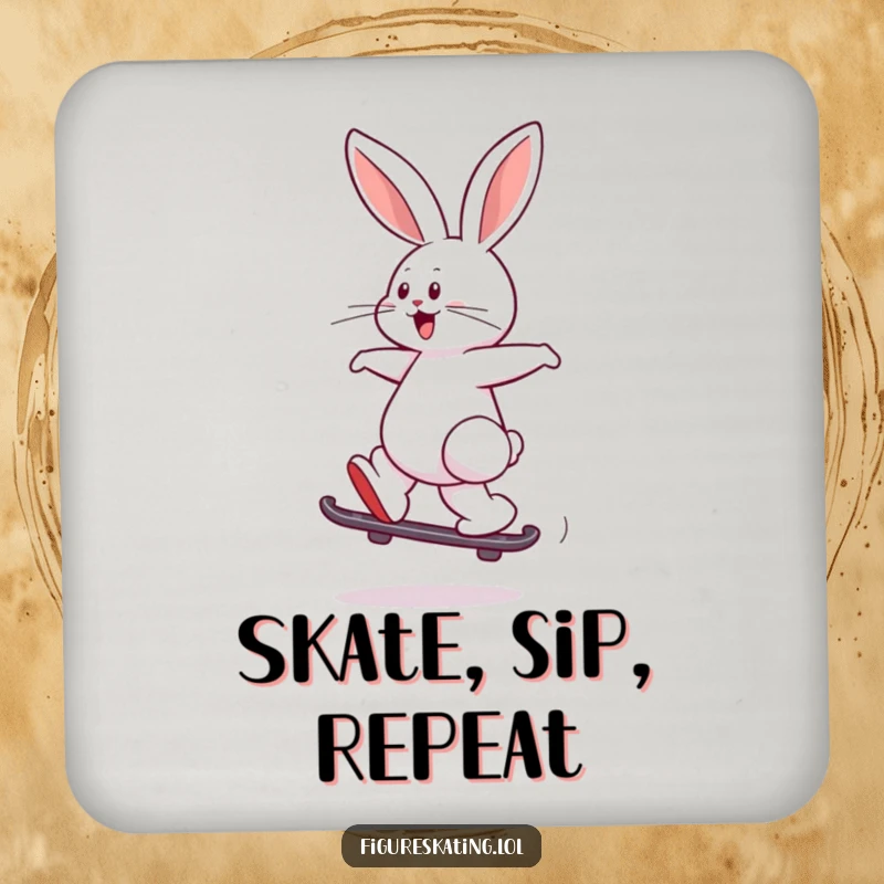 Funny drink coaster with a playful rabbit joyfully leaping while skating backward, protecting surfaces humorously.