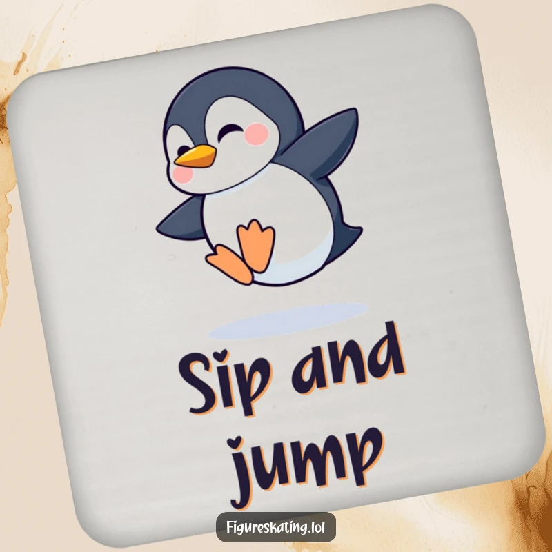 Funny drink coaster with a shy penguin attempting a wobbly jump with a grin, adding cute flair to tables.