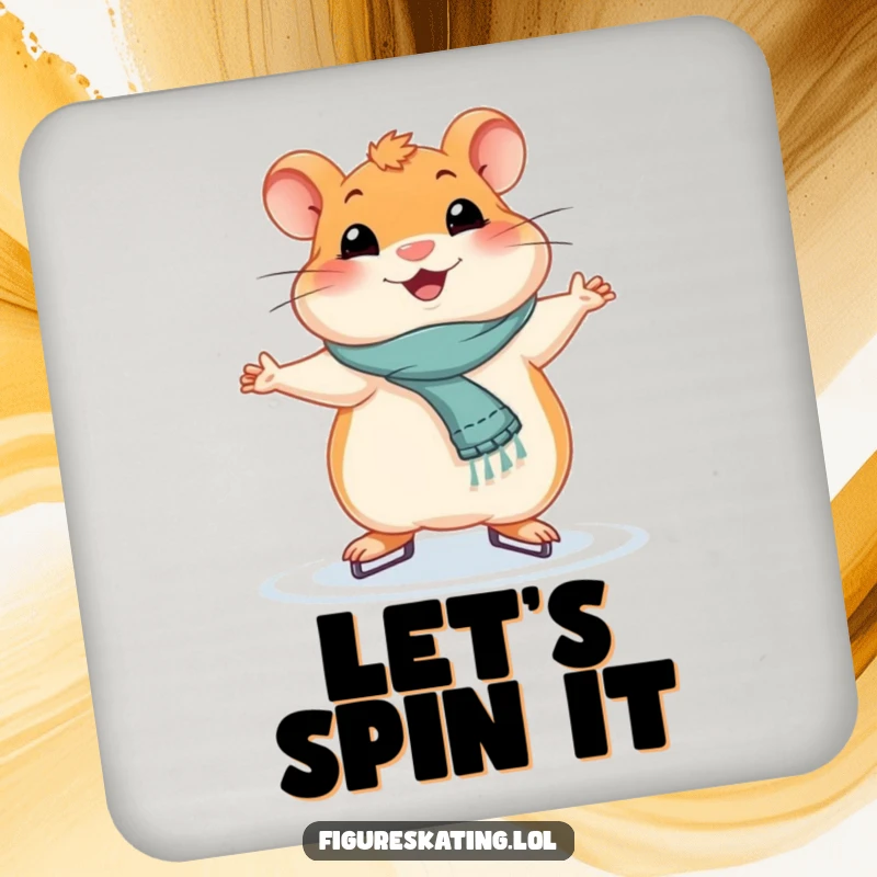 Funny smiling hamster in a graceful ice skating pose on a drink coaster, adding humor to beverage service.