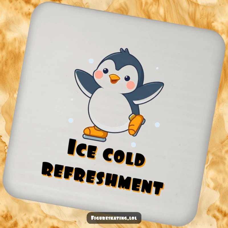 Funny Penguin Coasters: Set of coasters with a happy penguin gracefully spinning on ice skates, protecting surfaces with charm.