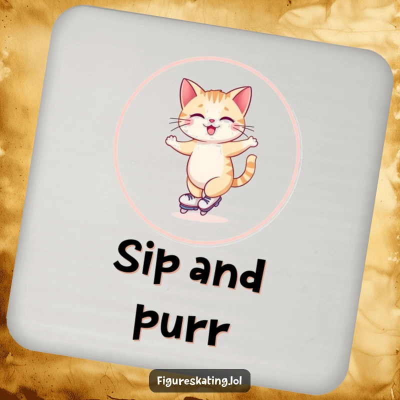 Funny drink coaster with a giggling cat skating gracefully in a wide circle, adding feline charm to tables.