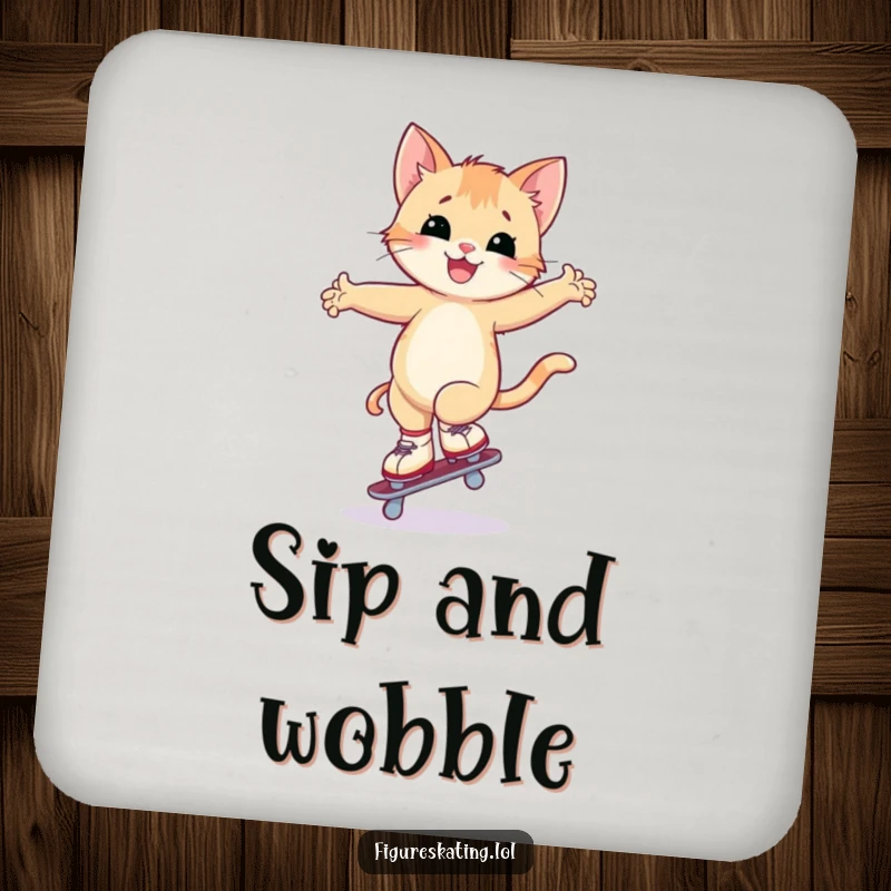 Funny kitten ice skating coasters showing a happy kitten attempting a wobbly arabesque on one skate, for humorous and practical surface protection.