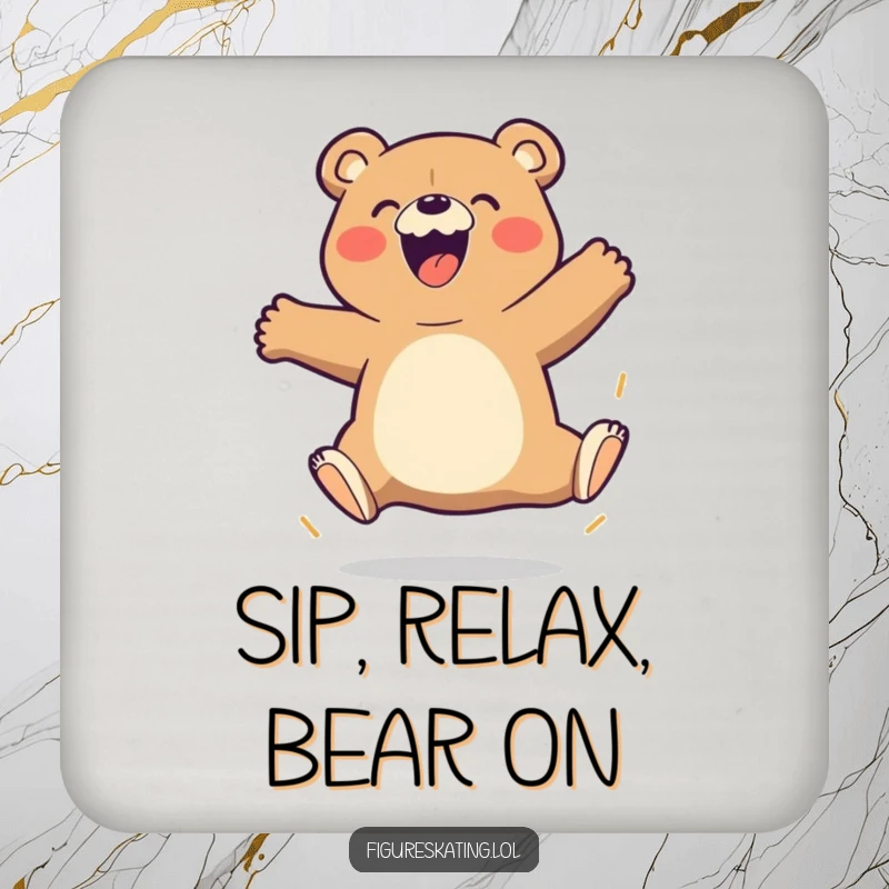 Funny Bear Coaster featuring a beaming cartoon bear mid-triple jump with gusto, protecting surfaces with humor.