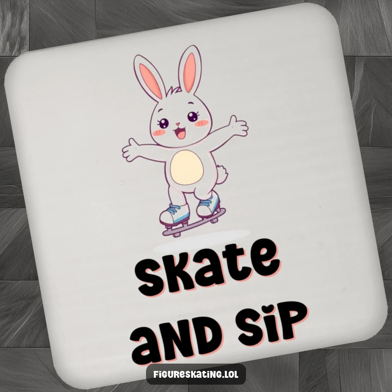 Funny drink coaster featuring a happy bunny gliding on skates, arms wide open, protecting surfaces with cheer.