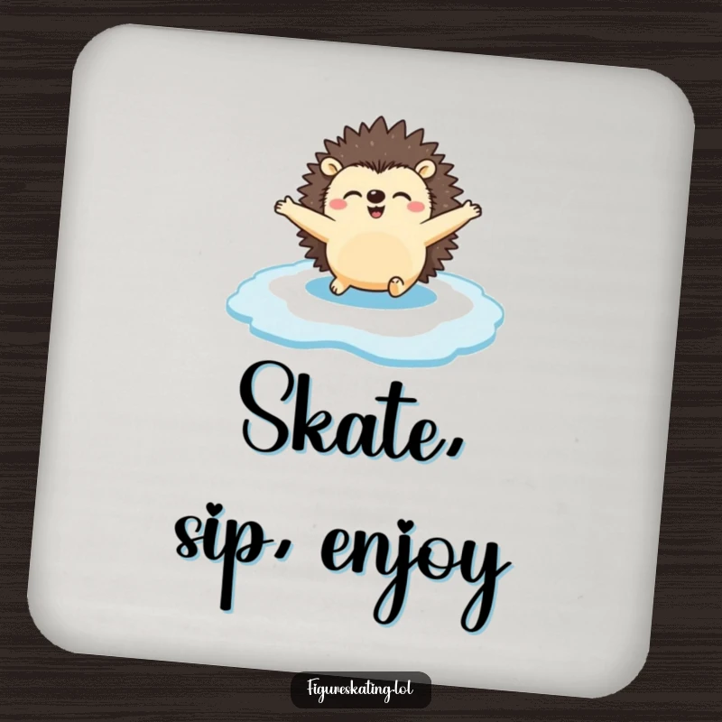 Funny Coaster: A happy hedgehog gliding across the ice with arms spread, providing humorous protection for furniture.
