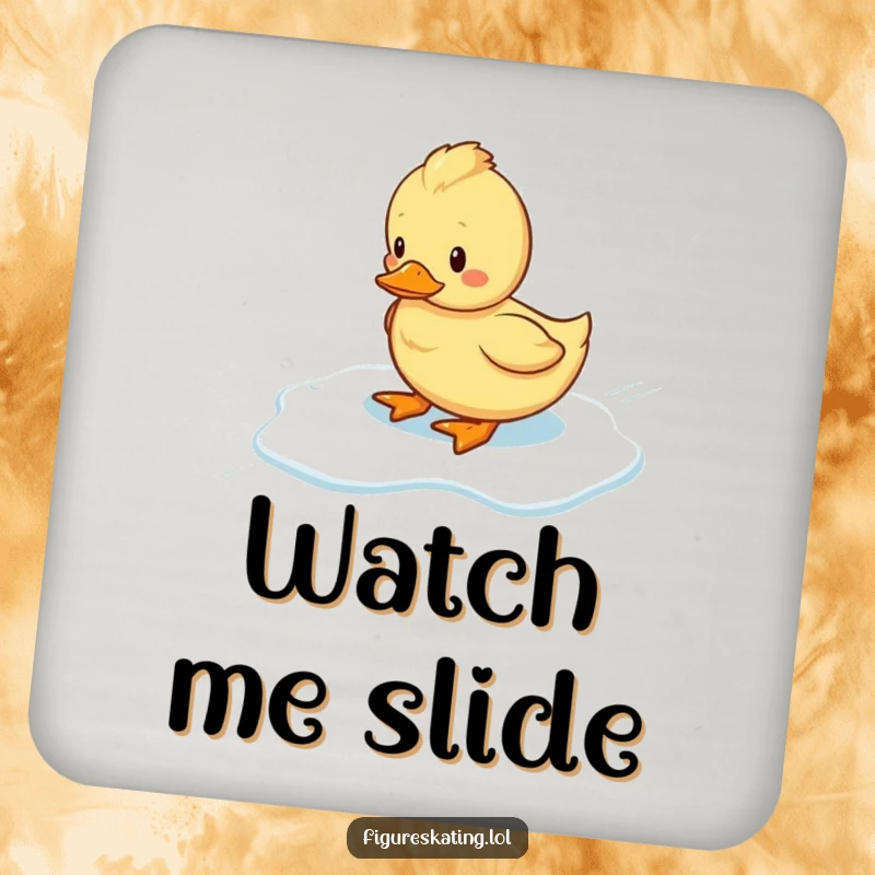 Funny wobbly duckling sliding on ice, on a drink coaster, adding humor to beverage service.