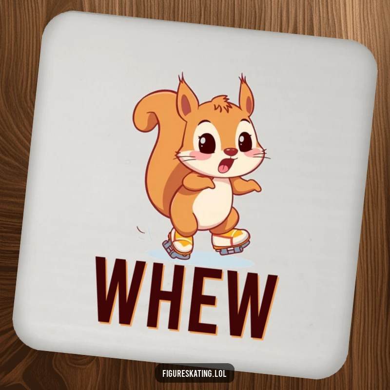 Funny drink coaster featuring a playfully surprised squirrel narrowly avoiding a collision on ice skates, adding humor to surfaces.