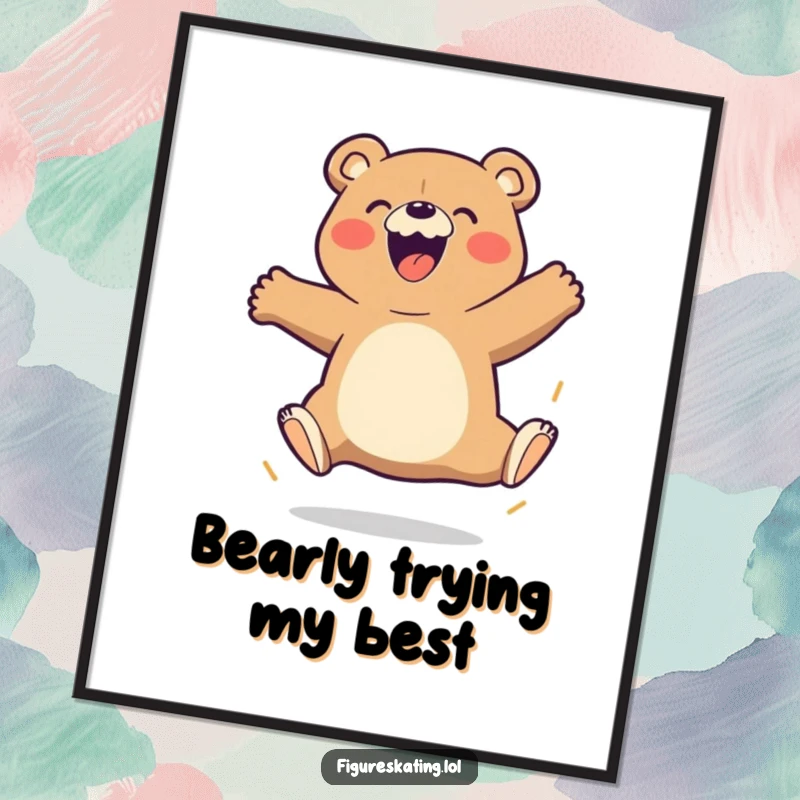 Funny Bear Poster depicting a beaming cartoon bear mid-triple jump with immense gusto, ideal for uplifting wall decor.