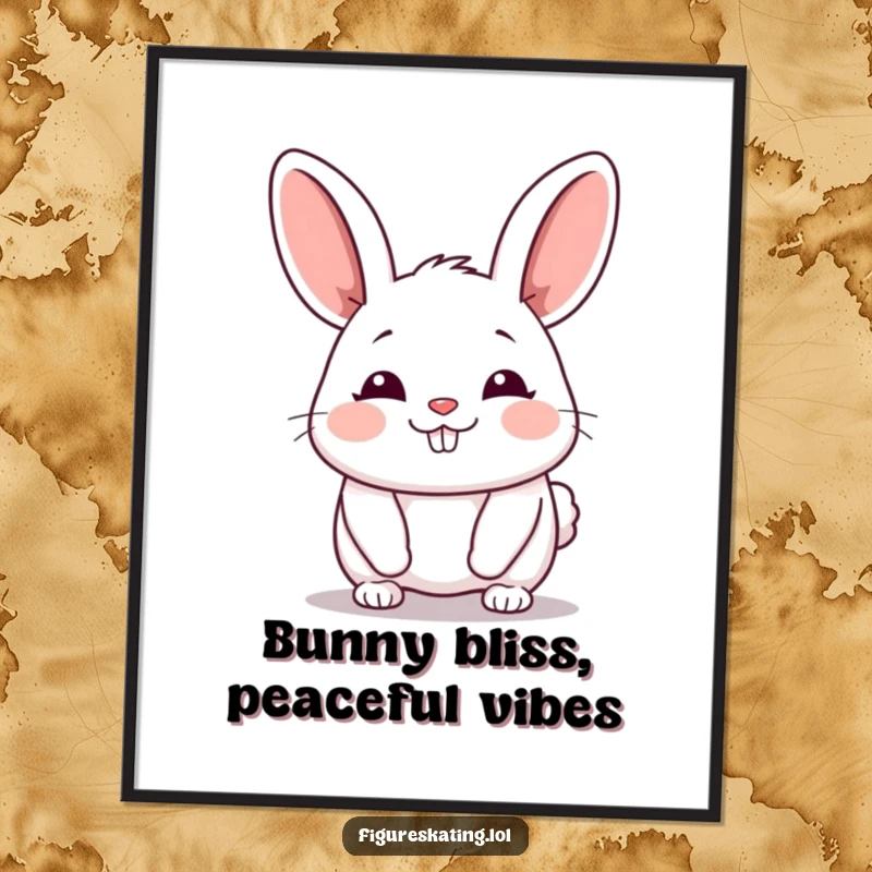 Funny Bunny Poster depicting a chubby cartoon bunny gliding forward with a happy sigh, ideal for peaceful wall decor.
