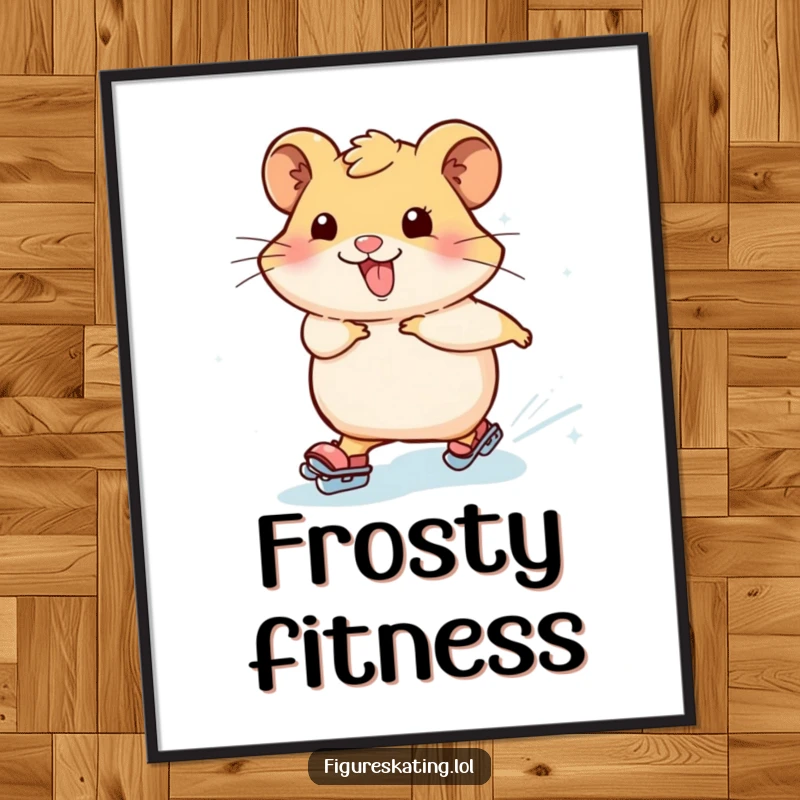 Funny hamster skating poster illustrating a cheerful hamster gliding on ice, surrounded by a dazzling trail of icy sparkles, adding a fun vibe.