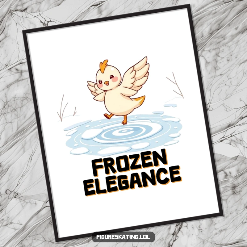 Funny poster of a cheerful, winged creature elegantly twirling on a frozen pond, adding magical charm to walls.