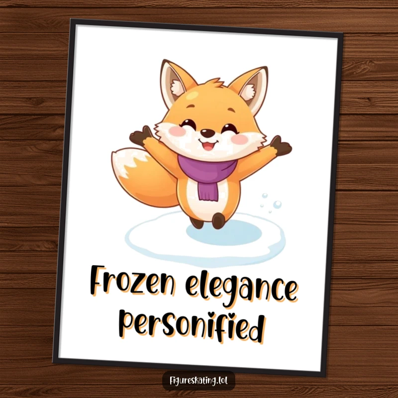 Funny fox ice skating poster, showing a fox with arms outstretched, mid-glide on ice, radiating pure, comical winter joy and movement.