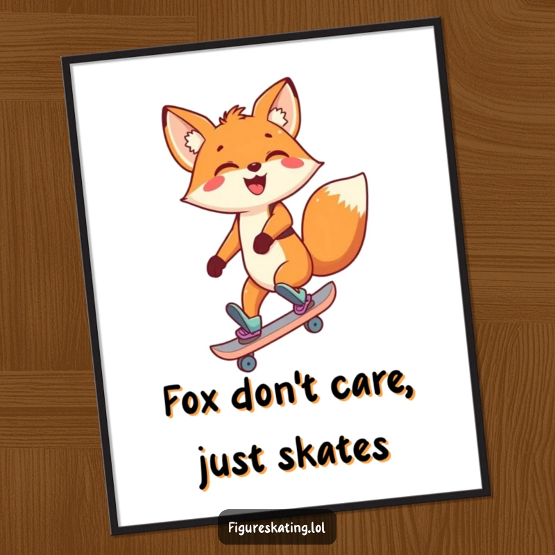 Funny Fox Poster depicting a delighted cartoon fox skating backward with a big smile, ideal for cheerful wall decor.
