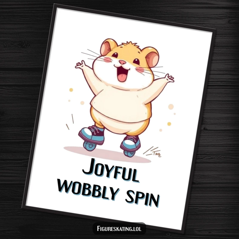 Funny chubby hamster ice skating poster, depicted mid-spin on skates, radiating pure, uninhibited joy and adorable clumsiness.