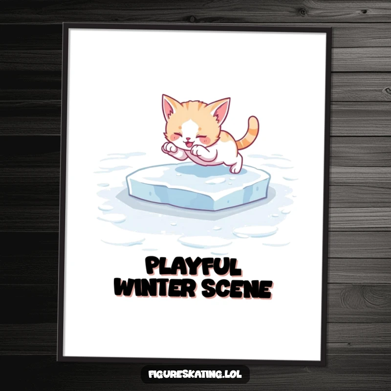 Funny kitten ice skating poster, capturing a small cat in a dynamic, playful pose on ice skates, bringing whimsical charm to any space.