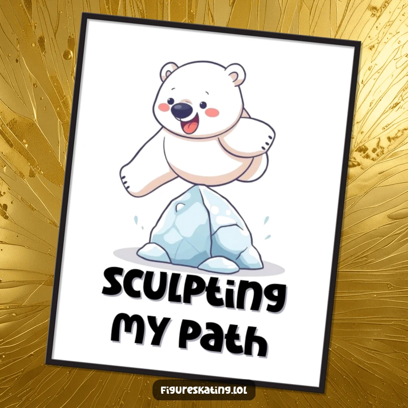 Funny polar bear poster displaying a determined bear in a comical leap over a small, ornate ice sculpture, bringing humor to wall decor.