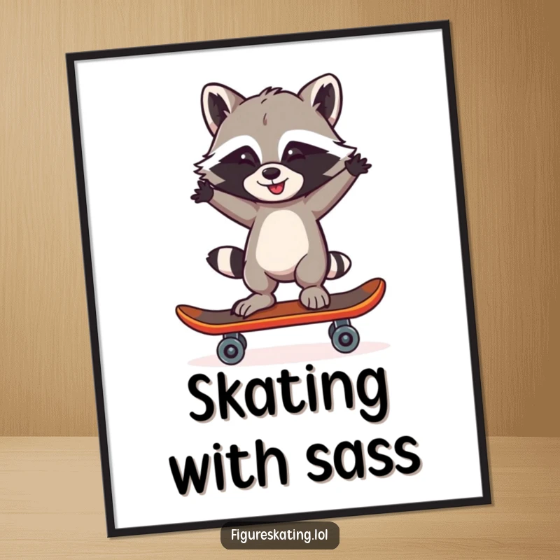 Funny Raccoon One Skate Poster: A mischievous raccoon balanced on one skate, arms akimbo, exuding cheeky confidence.