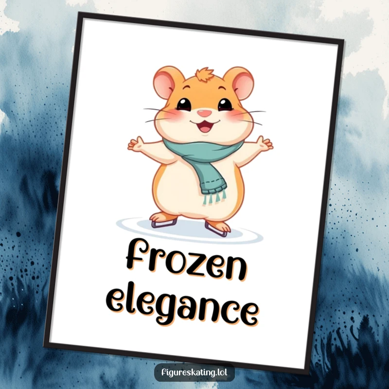Funny smiling hamster striking a graceful ice skating pose, featured in a humorous poster for wall art.