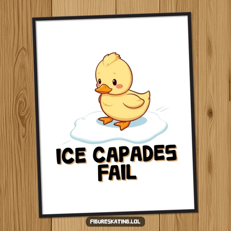 Funny wobbly duckling comically sliding on ice, showcased in a humorous poster, perfect for wall decor.