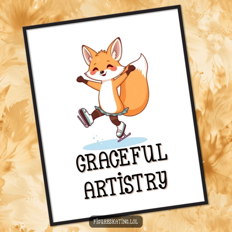 Funny fox ice skating poster displaying a cheerful fox in an elegant arabesque, perfect for adding artistic flair to any room.