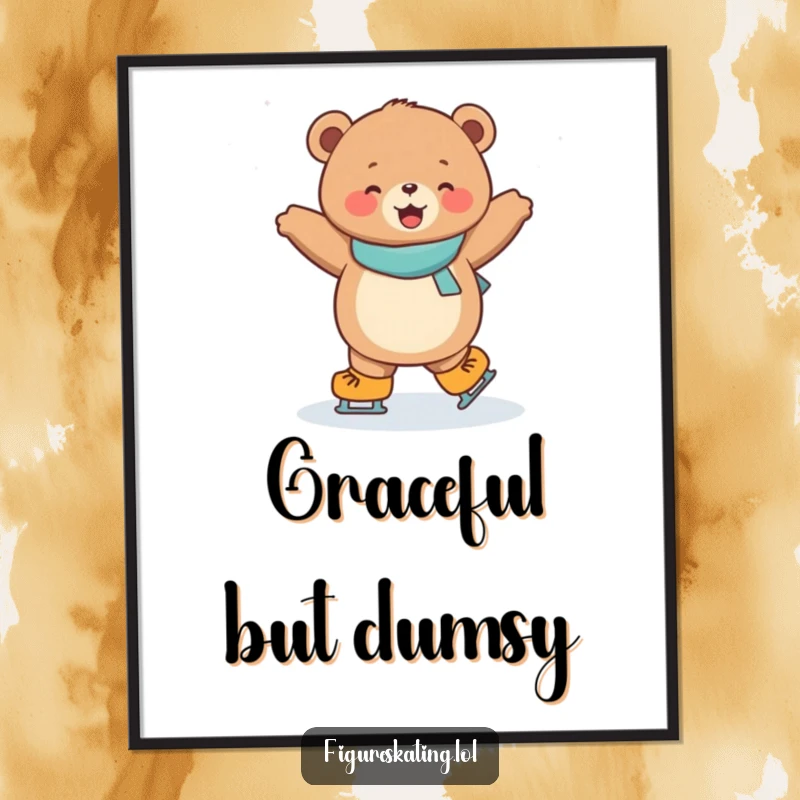 Funny poster featuring a joyful, round bear cub performing a dazzling spin on ice skates, embodying winter fun.