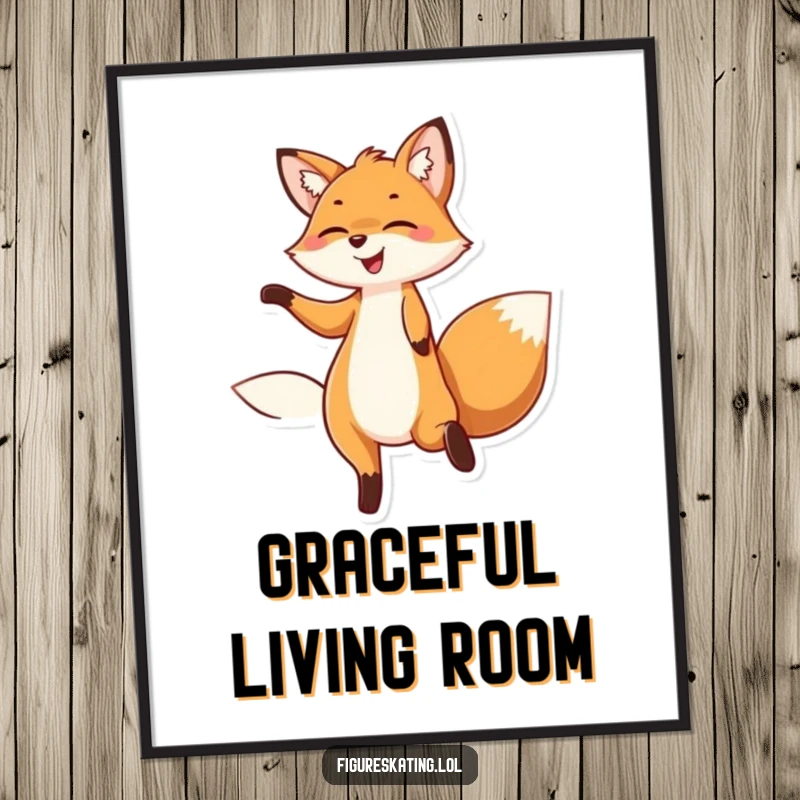 Funny poster print of a delighted fox with a big smile, captured mid-graceful twirl, adding a touch of humor to decor.