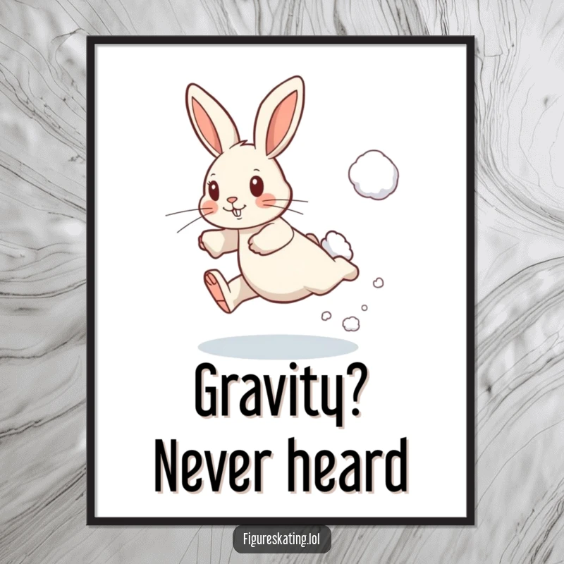 Funny poster depicting a determined rabbit leaping with a puff of snow, adding a dynamic and humorous winter theme.