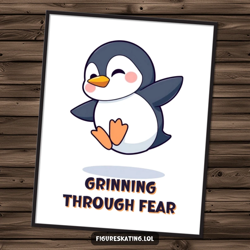 Funny poster print of a shy penguin with a grin attempting a wobbly jump, capturing adorable determination.